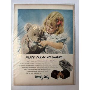1948 Milky Way Candy Bar Vintage Print Ad Girl Feeding Teddy Bear Taste Treat